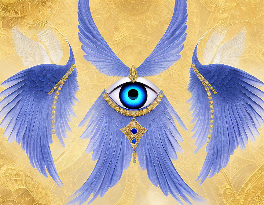 Symmetrical Blue Wings with Gold and Sapphire Eye on Golden Background