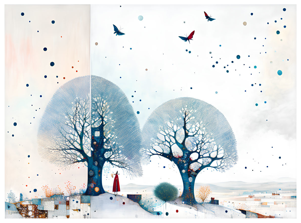 Whimsical artwork: Large trees, snow-like specks, figure in red cloak