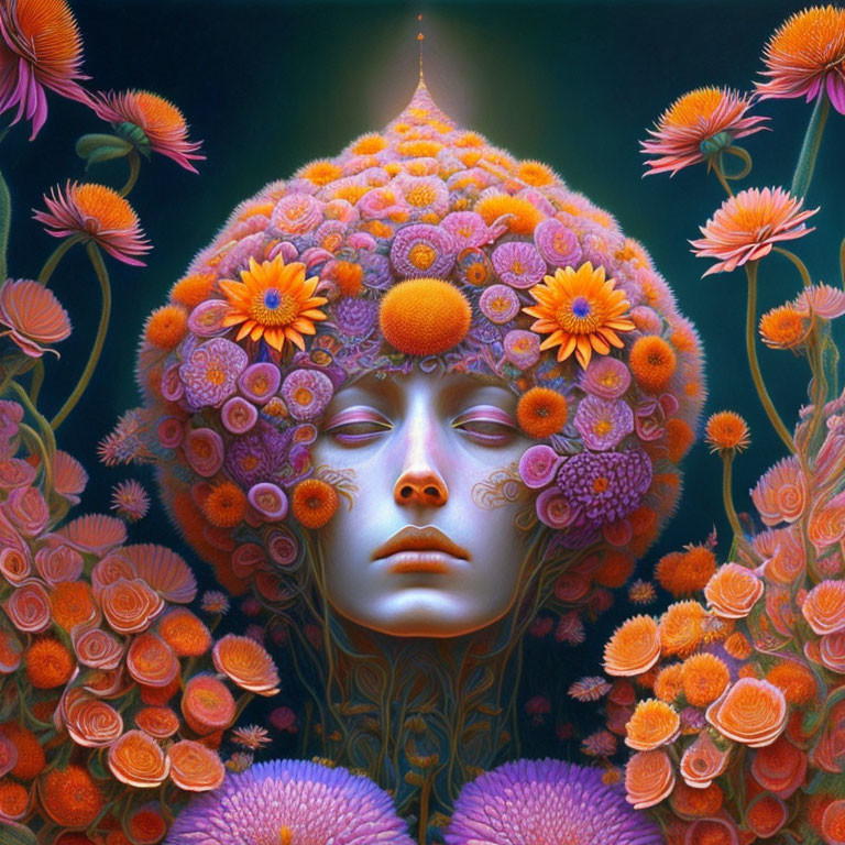 Surreal face illustration with calm expression and vibrant flowers on dark background
