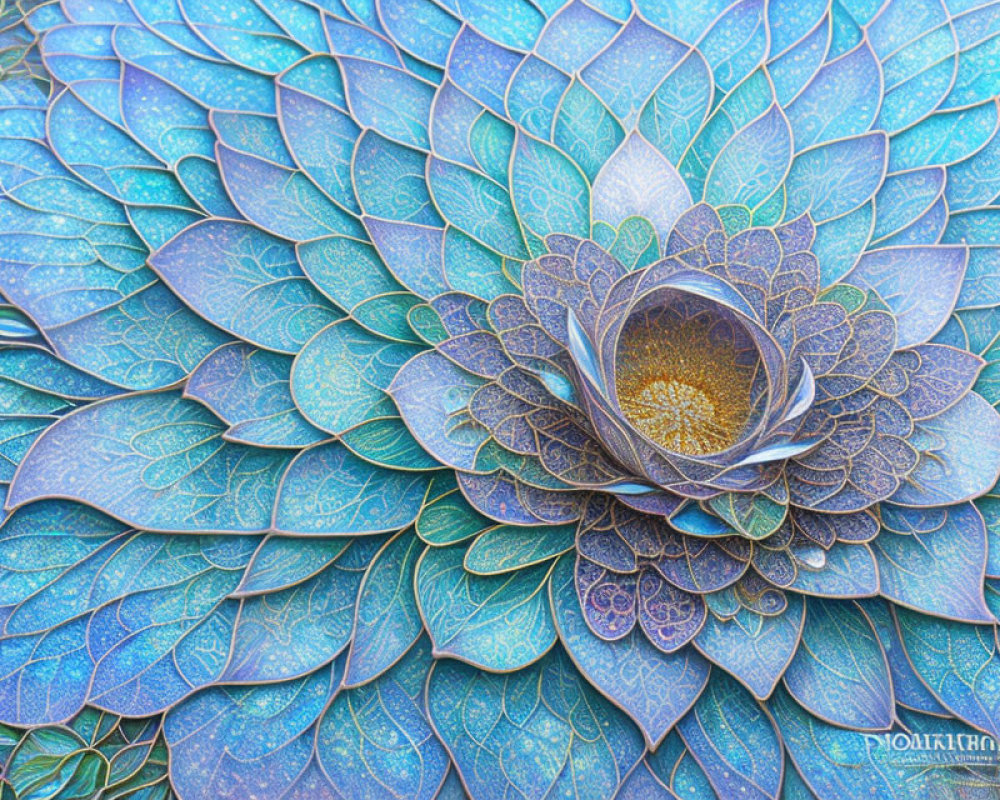 Detailed fractal-like blue and teal mandala with layered petals