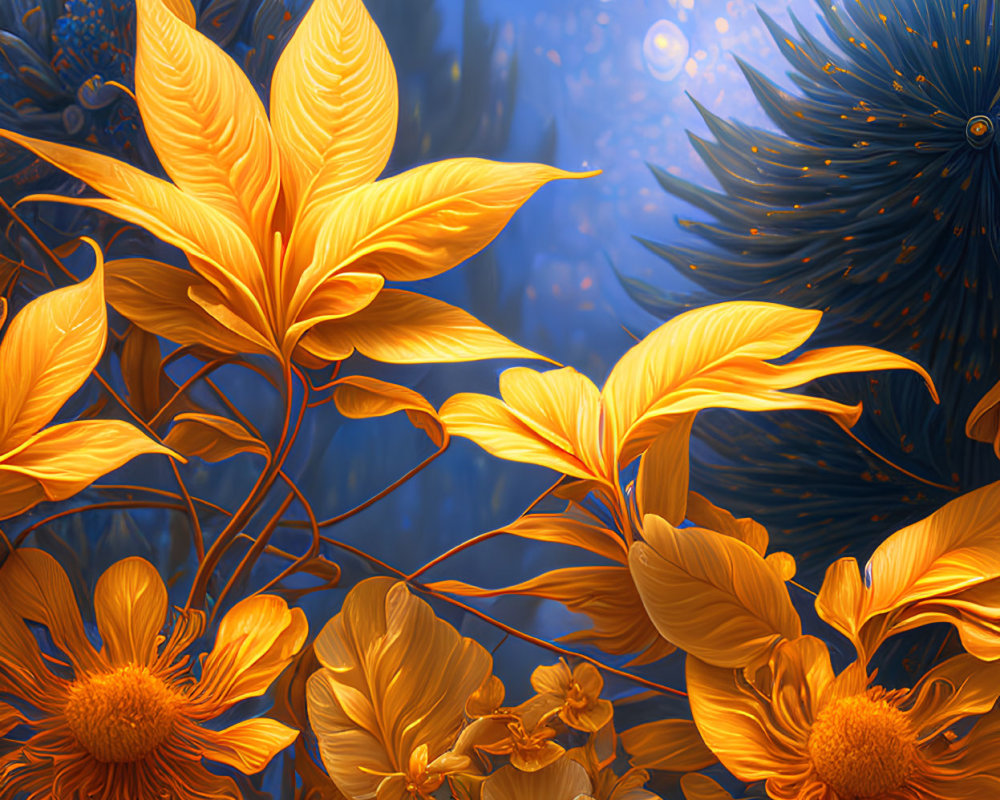 Detailed yellow flower illustration with blue foliage and luminescent orbs.