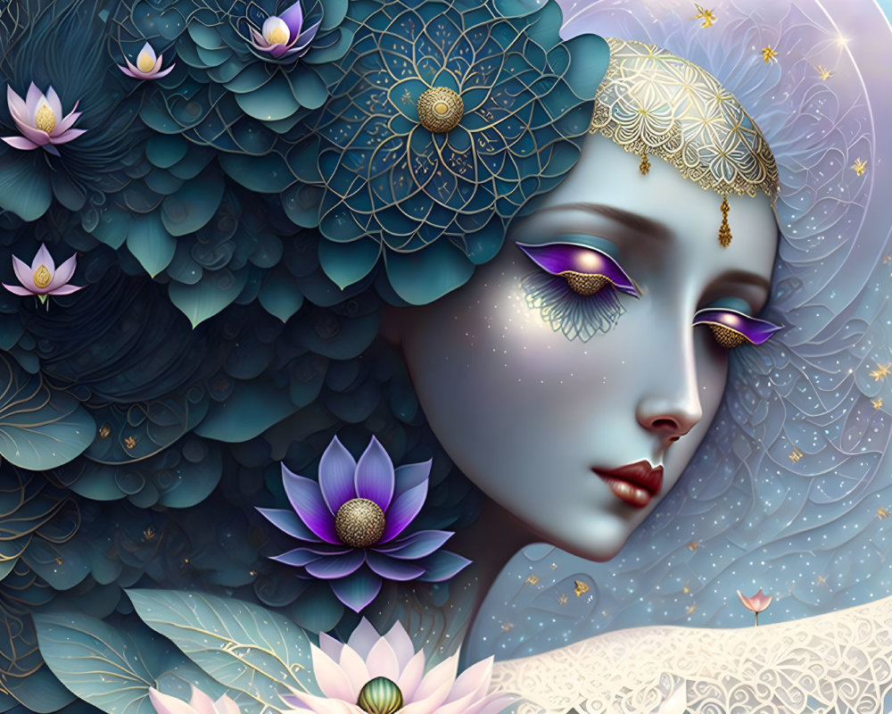 Illustration of Woman with Blue Skin and Gold Headdress Among Lotus Flowers