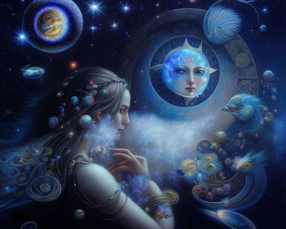 Woman with flowing hair gazes at spiral galaxy and celestial bodies in starry scene