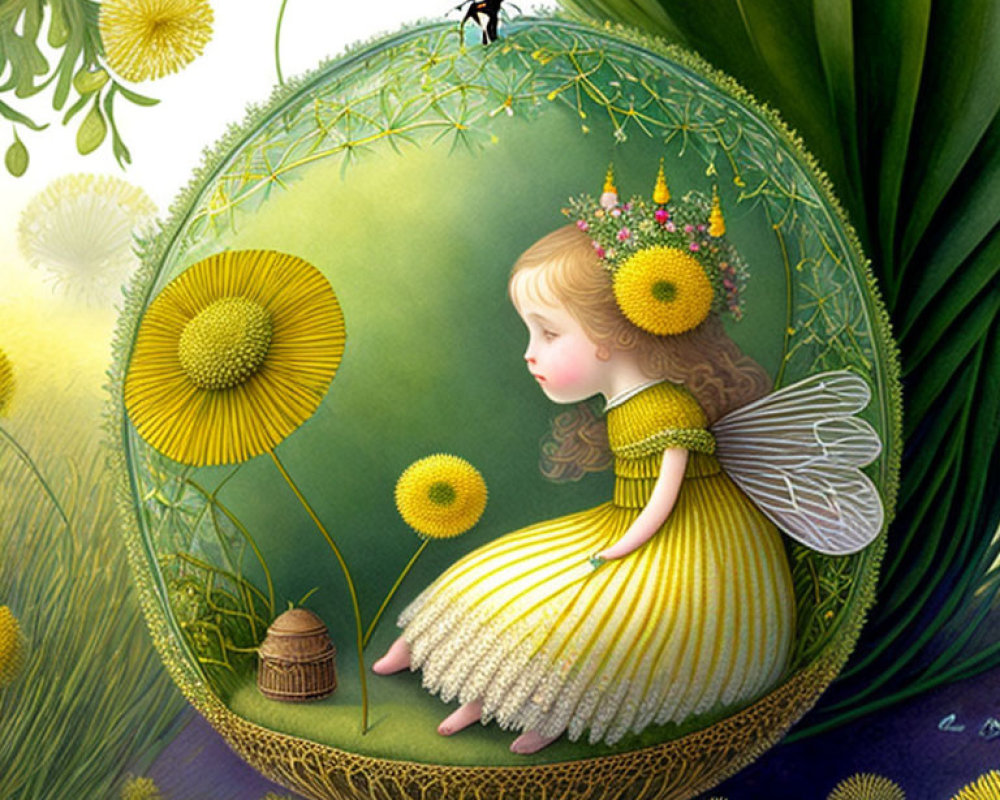 Whimsical fairy girl in dandelion puff with flowers and bee