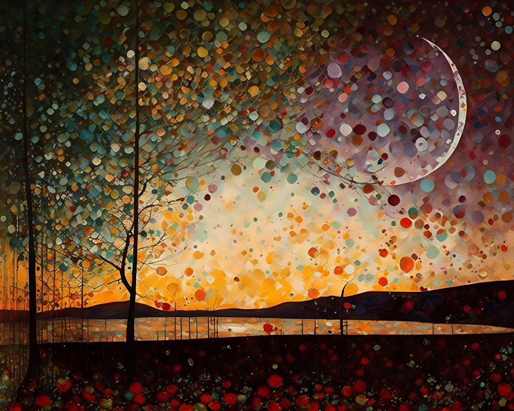 Abstract painting: Vibrant circles depict forest, sunset, moon, and bridge silhouette