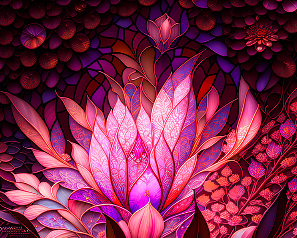 Colorful digital art: Glowing pink lotus in intricate floral scene on dark backdrop