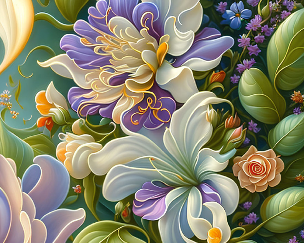 Colorful digital painting of stylized blooming flowers in purple, white, orange, and green