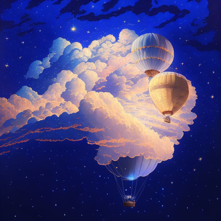 Hot Air Balloons Drifting in Twilight Sky with Fluffy Clouds