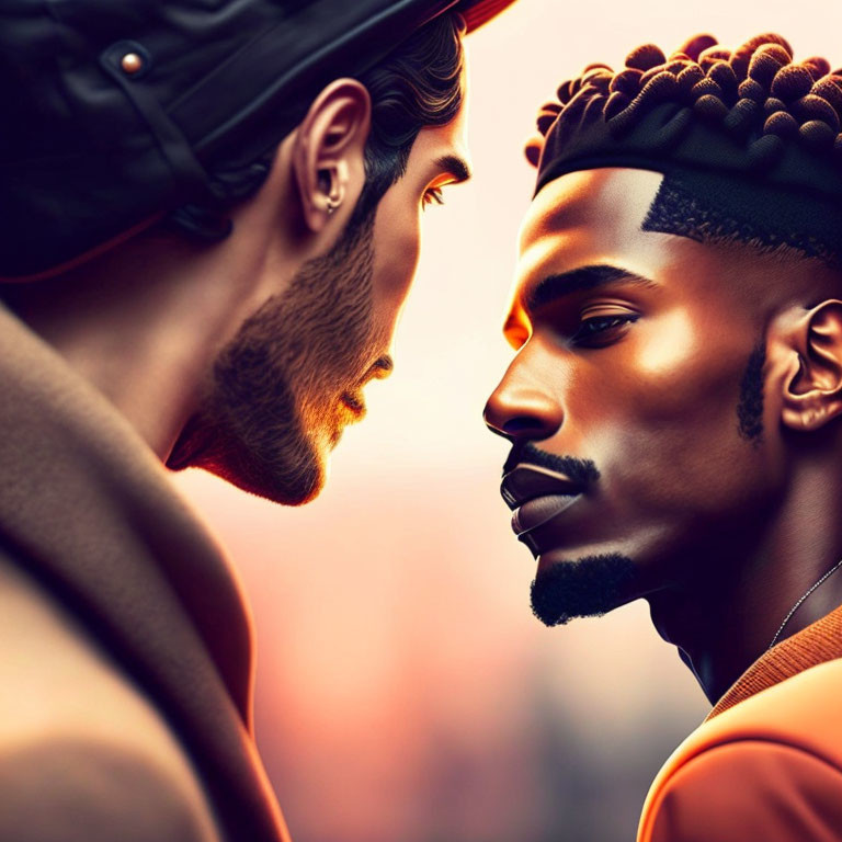Intense expressions of two men in close proximity against orange background