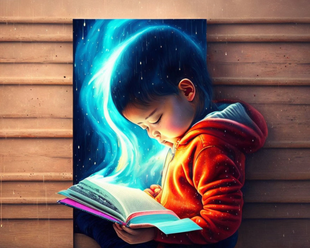 Child in Red Hoodie Engrossed in Glowing Blue Magical Book