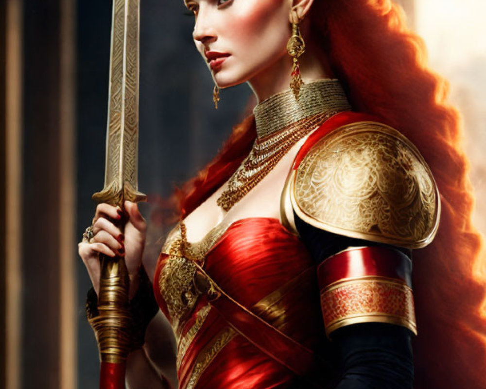 Regal woman with red hair in gold armor holding a spear