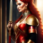 Regal woman with red hair in gold armor holding a spear