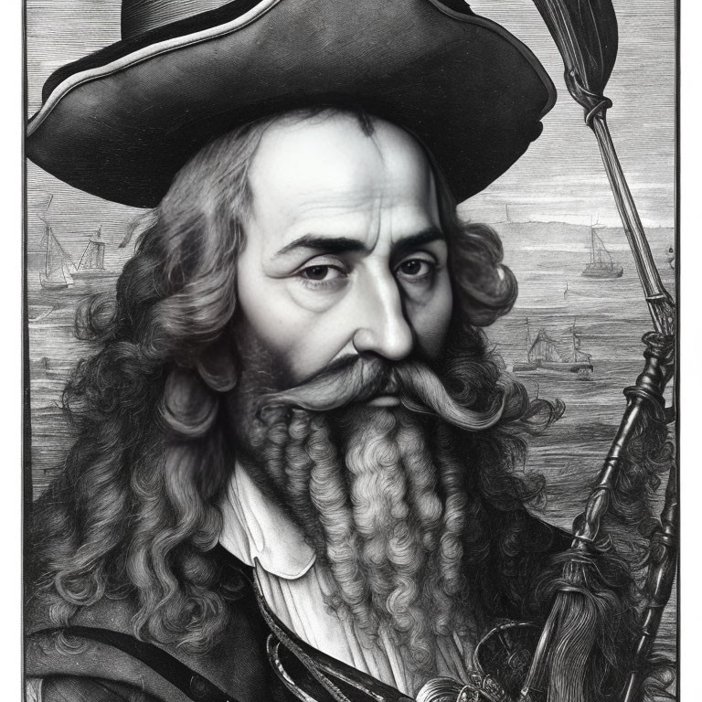 Detailed Engraving of Man with Wide-Brimmed Hat, Mustache, and Beard Amid Ships