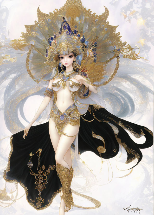 Illustrated female character in ornate golden and blue headgear with decorative halo and luxurious jewelry.