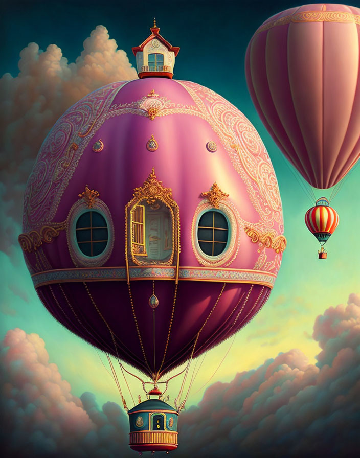 Ornately Decorated Purple Hot Air Balloon Floating Among Clouds