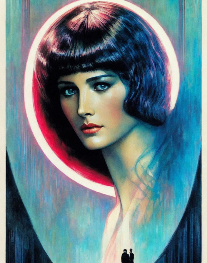 Colorful artwork: Woman with bob haircut in neon halo, dreamy expression, blue palette