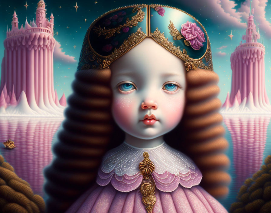 Surreal painting featuring child with large eyes and ornate clothing on pink cloud backdrop