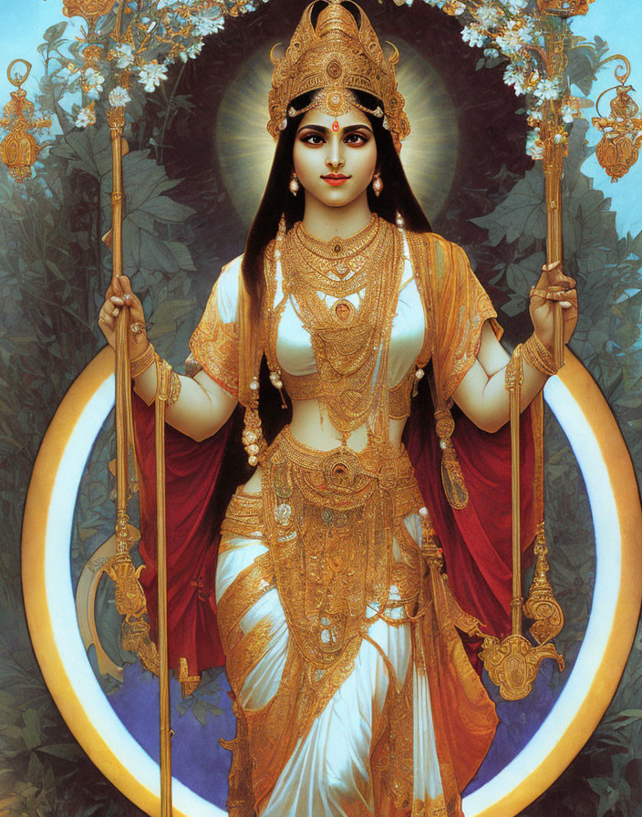 Traditional Indian Attire: Four-Armed Female Figure with Gold Jewelry
