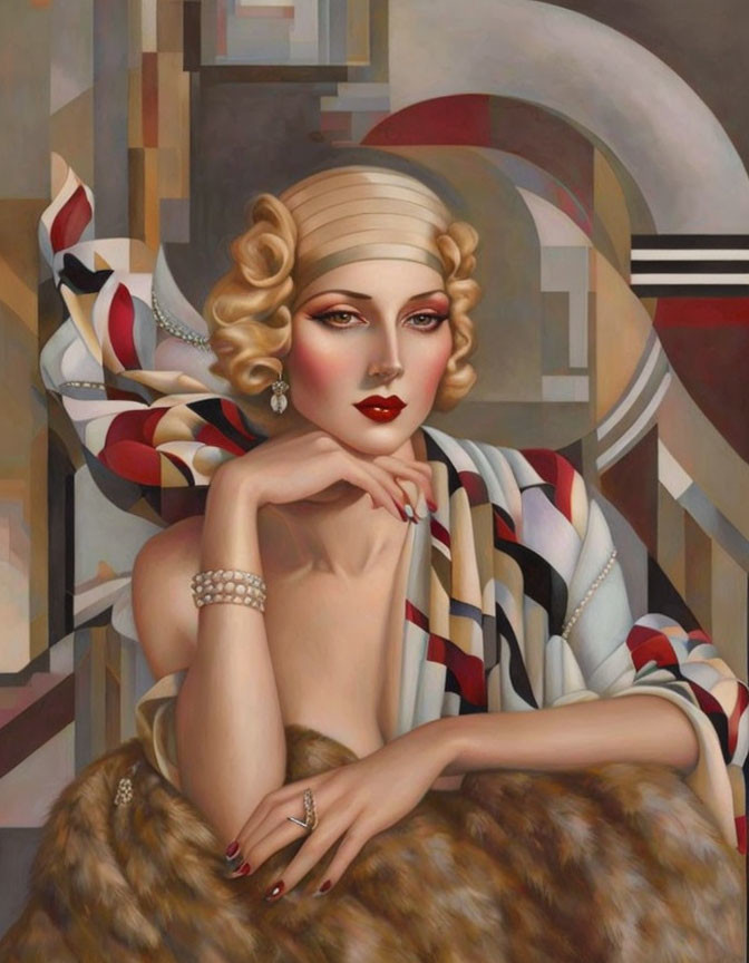 Stylized painting of woman in 1920s fashion with headband and pearls