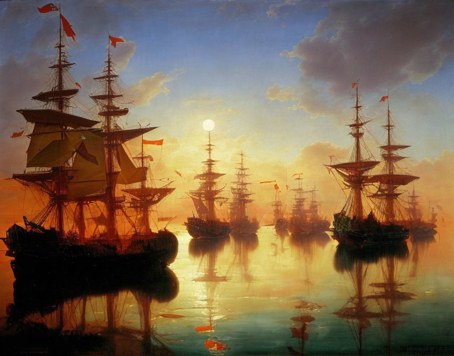 Sailing ships with red flags on calm waters at sunset or sunrise, reflecting sun in warm sky