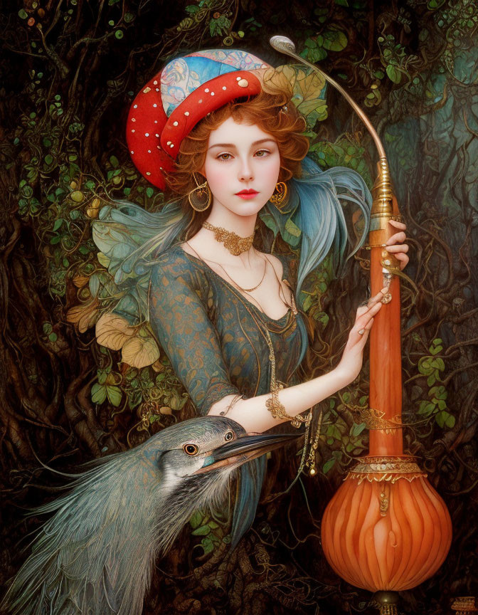 Fantasy illustration of woman with elven features in red mushroom cap, holding lantern, with large-b
