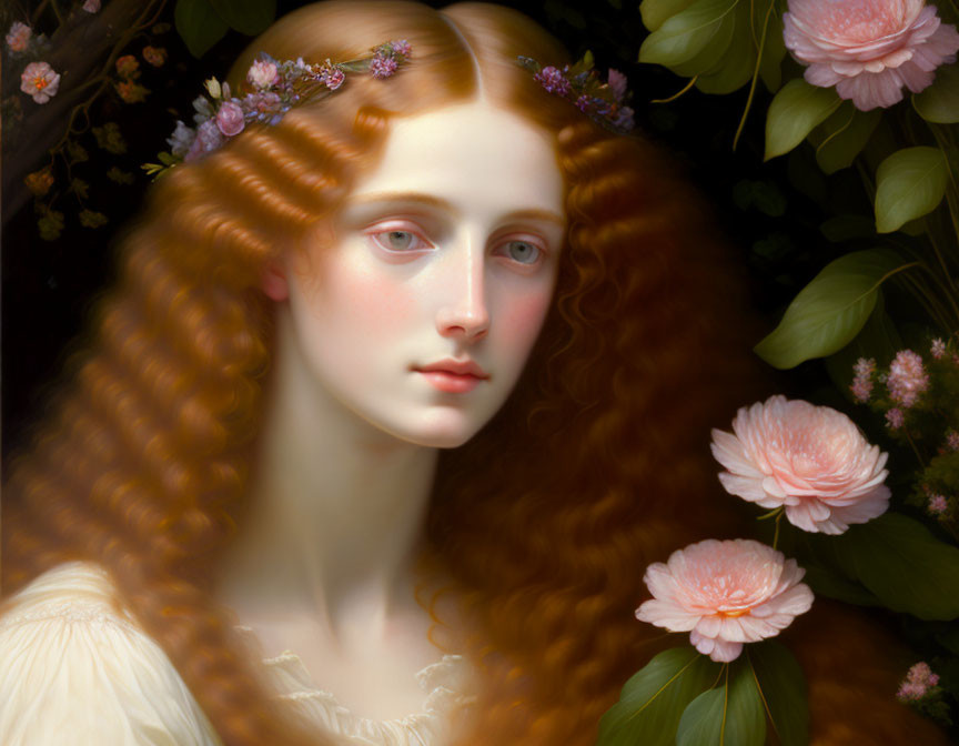 Portrait of Woman with Auburn Hair and Purple Flowers in Pink Blossom Setting