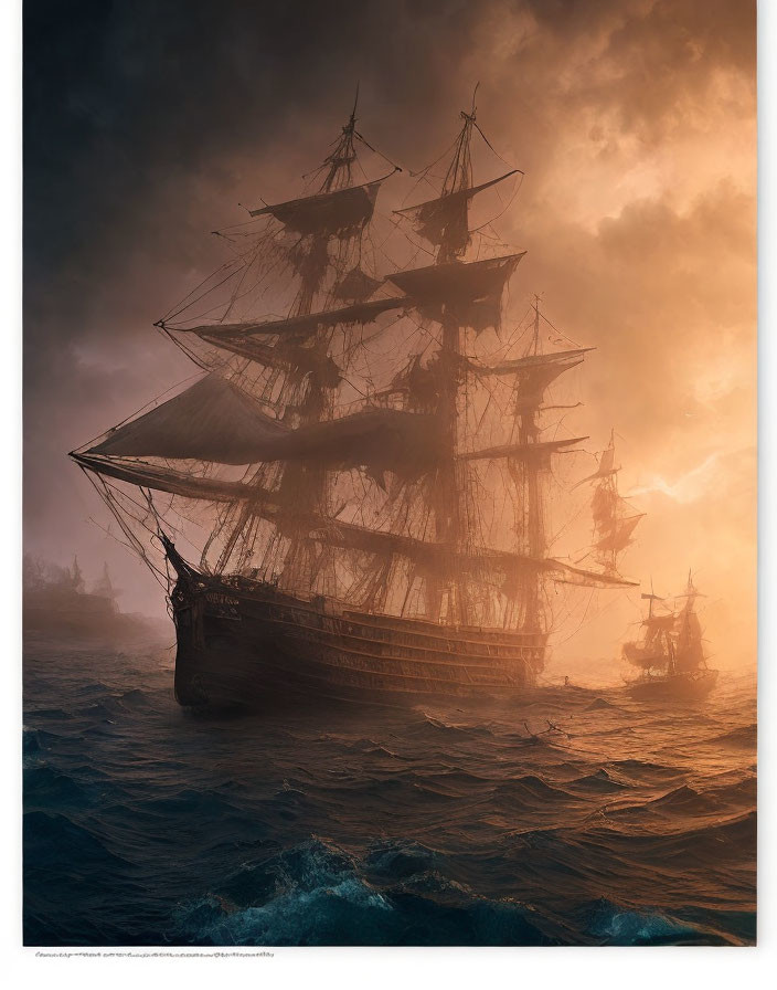 Historical tall ships sailing in misty golden waters