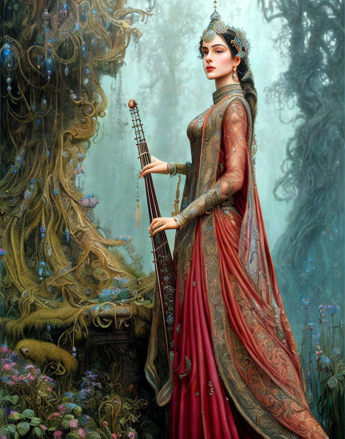 Regal woman in traditional attire with pipa in enchanted forest setting