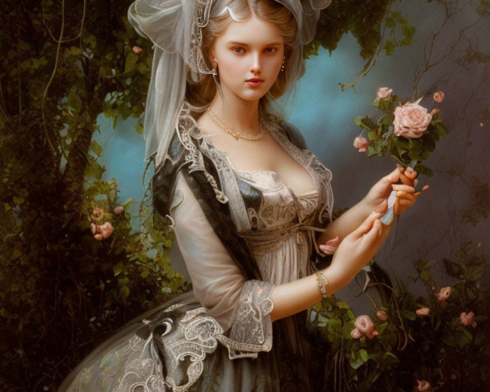 Vintage woman in lace dress and bonnet holding a flower in elegant garden setting