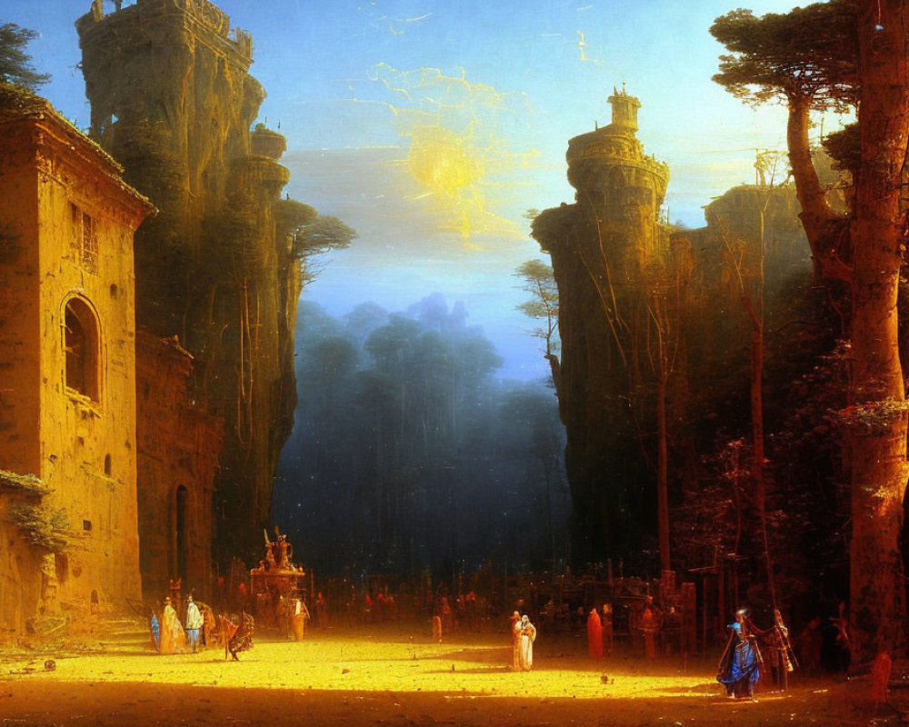 Ancient forest ruins with towering columns at sunset gathering figures in period attire.