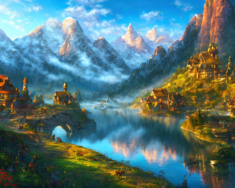 Serene river, traditional houses, boats, and snow-capped mountains in fantastical landscape