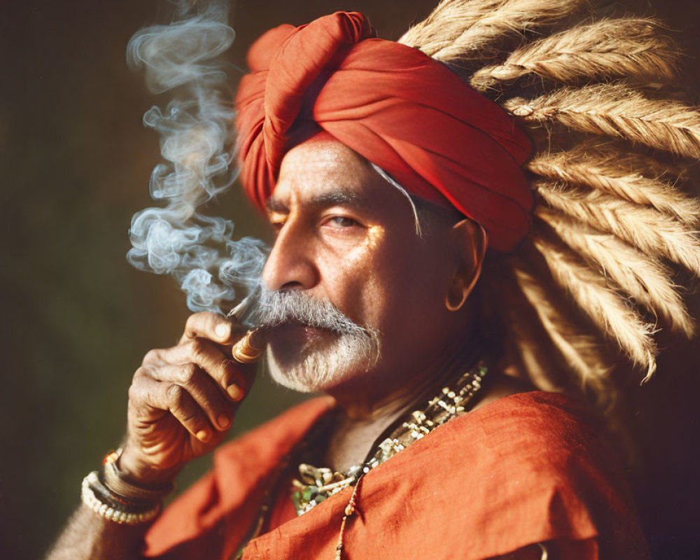 Traditional Attire: Mustachioed Man Smoking Pipe in Ornate Turban