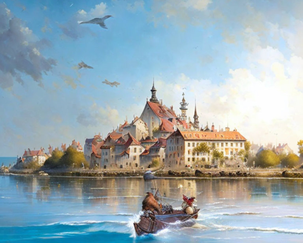 Person rowing towards castle on island under serene sky
