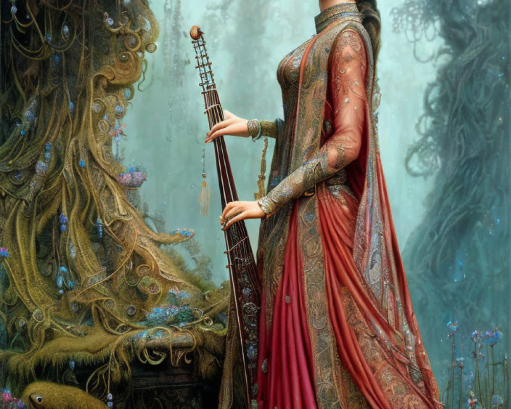 Regal woman in traditional attire with pipa in enchanted forest setting