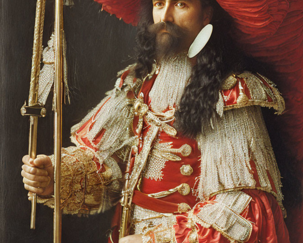 Man in Opulent Historical Military Attire with Red Hat & Ceremonial Staff