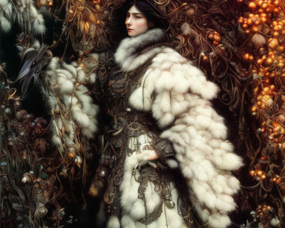 Elaborate white fur cloak amidst golden flora and birds