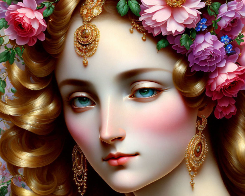 Detailed digital artwork of a woman with golden curls, adorned with flowers and gold jewelry