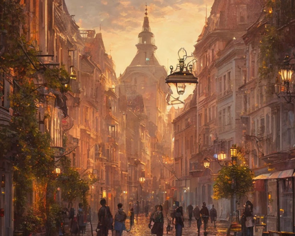 European Street Scene with Pedestrians and Vintage Architecture in Sunlight