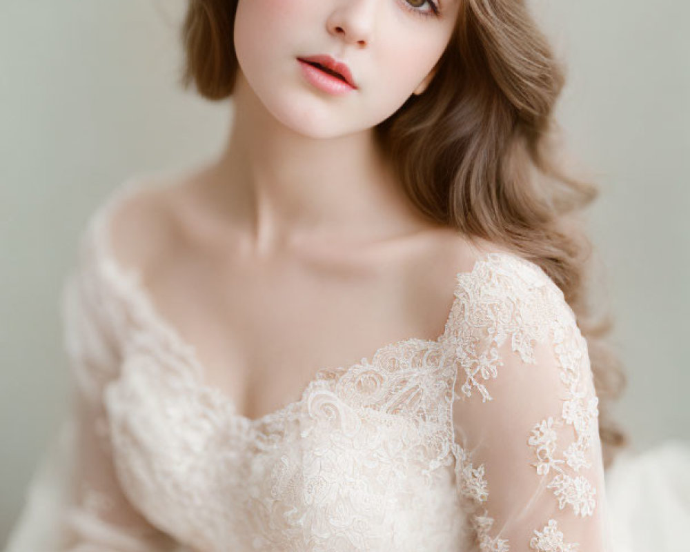 Elegant woman in off-the-shoulder lace gown with wavy hair