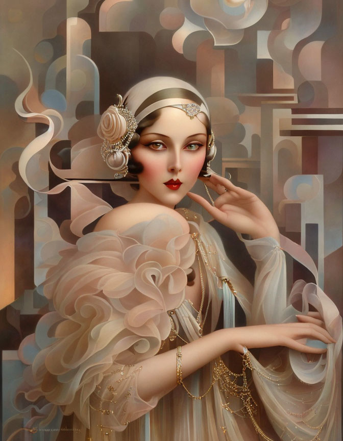 Art Deco Style Portrait of Woman with Elaborate Headpiece and Jewelry