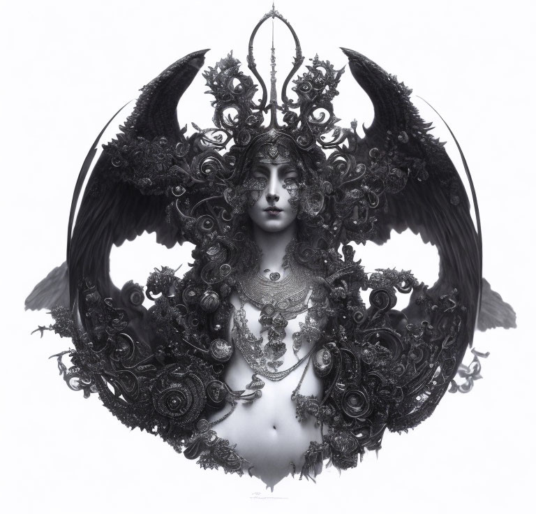 Monochrome artistic representation of a fantasy figure with ornate headgear, wings, and intricate jewelry blending