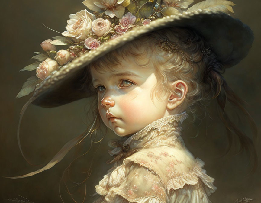 Young girl in floral hat and vintage attire, intricate details, soft warm palette
