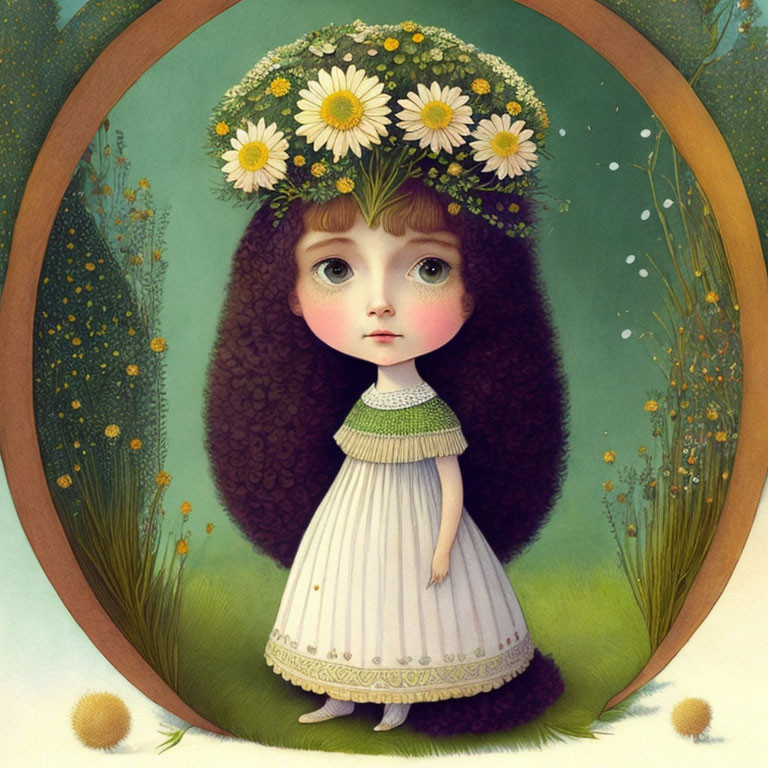 Young girl with large eyes and flower crown in grassy field