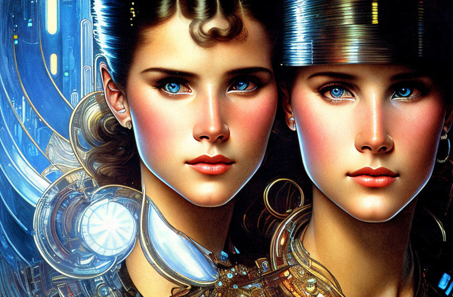 Digital Art: Twin Female Faces with Cyborg Features in Blue Tones