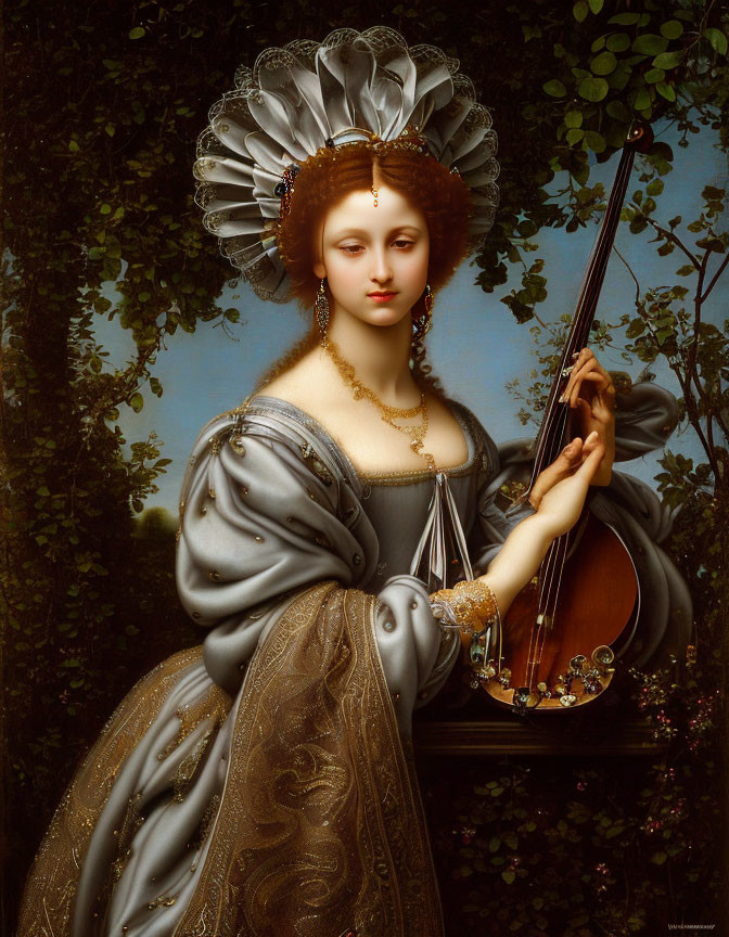 Woman with Elaborate Headdress and Violin in Renaissance Setting