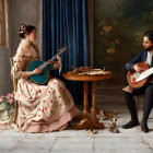 Vintage-dressed man and woman play banjos in elegant room with dog and scattered cards.