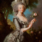 Vintage woman in lace dress and bonnet holding a flower in elegant garden setting