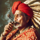 Traditional Attire: Mustachioed Man Smoking Pipe in Ornate Turban