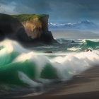 Turbulent waves crashing on sandy shore beneath towering cliffs