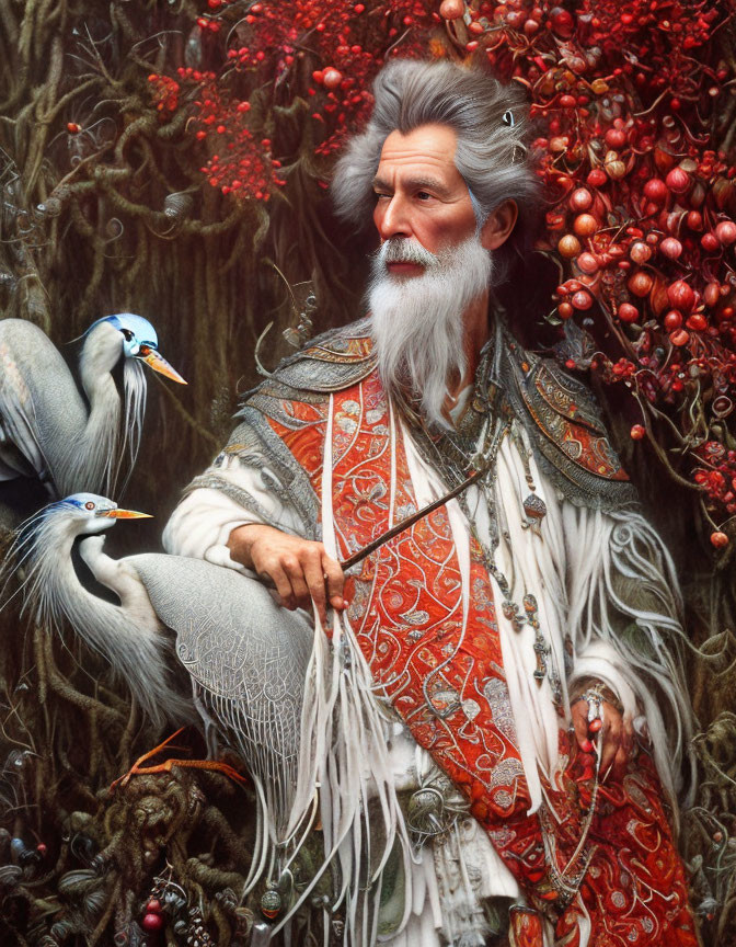 Elder wizard in red and white robe with staff and herons in nature setting